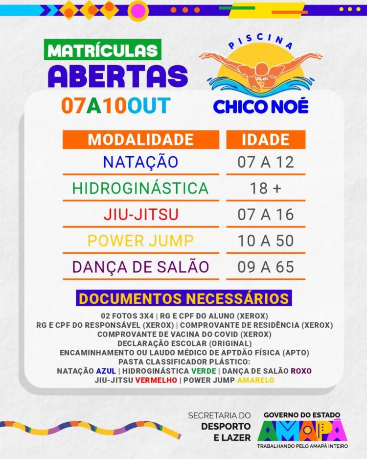 Matrículas abertas na Piscina Chico Noé