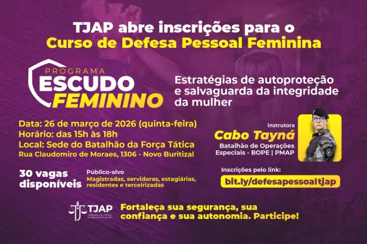 Escudo Feminino: Justiça do Amapá abre inscrições para curso de defesa pessoal voltado às mulheres da instituição
